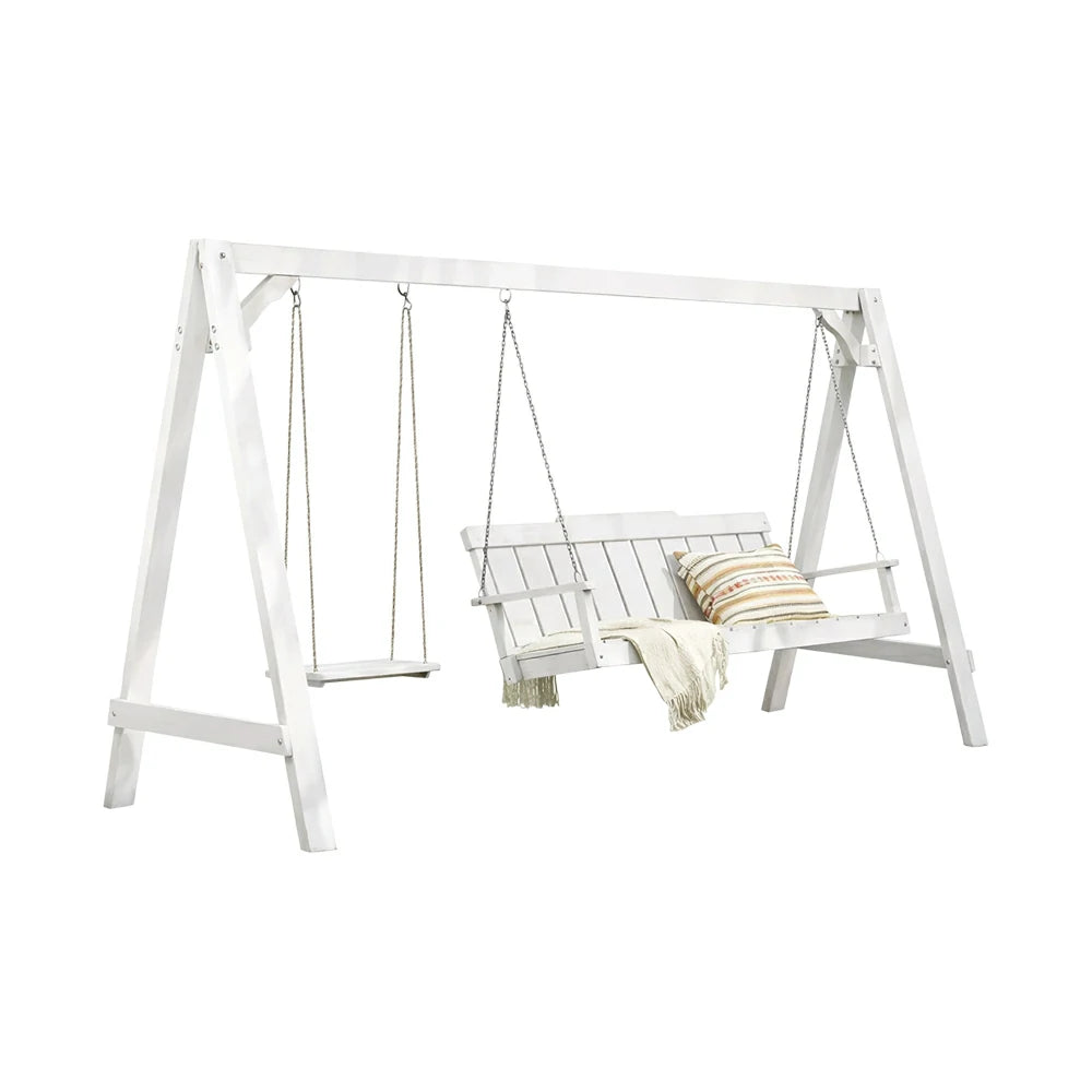 SOLARA Outdoor Swing Chair Heavy-Duty Load Support Solid Wood Frame Stainless Steel Hooks Patio Use - White
