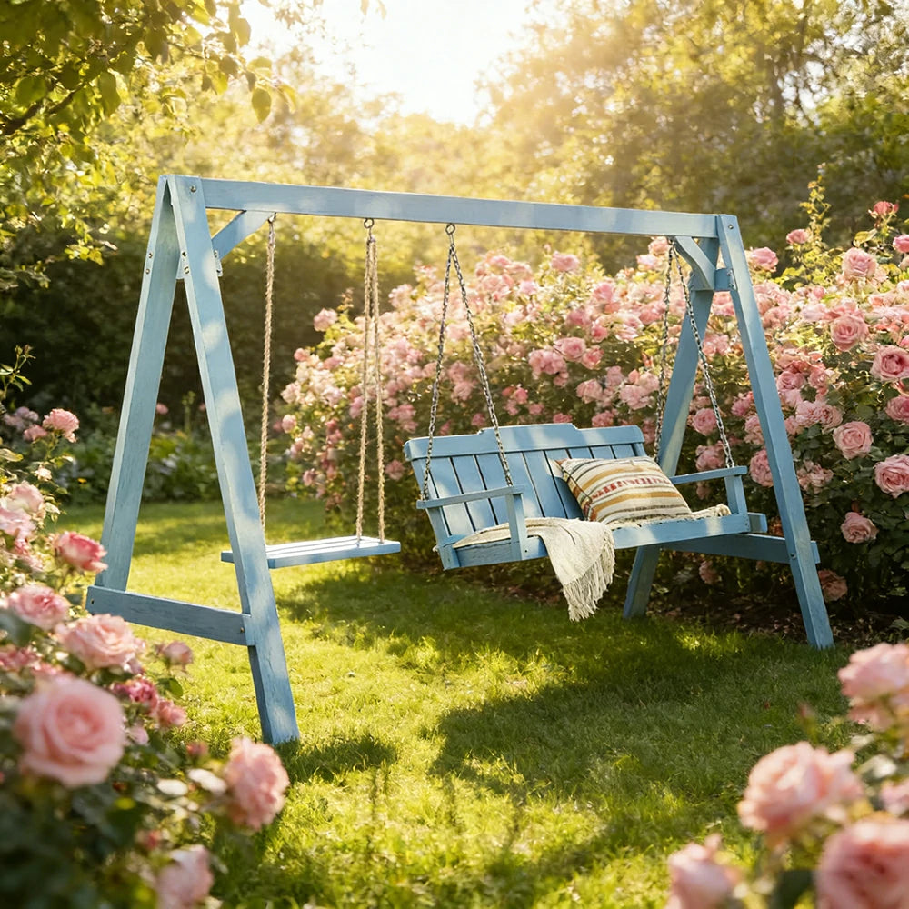 SOLARA Outdoor Swing Chair Heavy-Duty Load Support Solid Wood Frame Stainless Steel Hooks Patio Use - Blue
