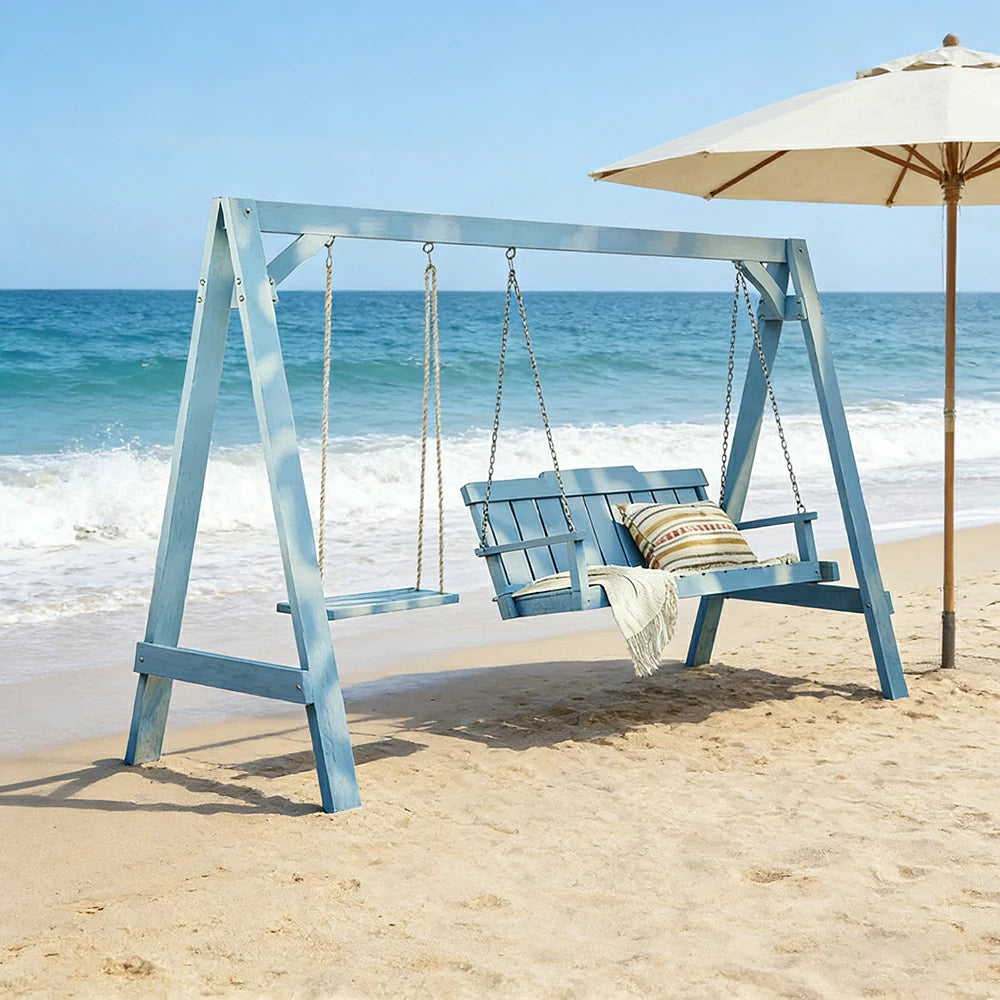 SOLARA Outdoor Swing Chair Heavy-Duty Load Support Solid Wood Frame Stainless Steel Hooks Patio Use - Blue