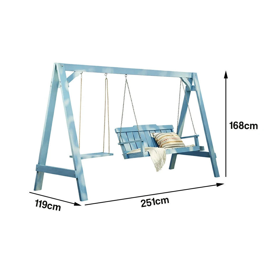 SOLARA Outdoor Swing Chair Heavy-Duty Load Support Solid Wood Frame Stainless Steel Hooks Patio Use - Blue