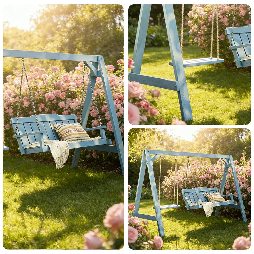 SOLARA Outdoor Swing Chair Heavy-Duty Load Support Solid Wood Frame Stainless Steel Hooks Patio Use - Blue