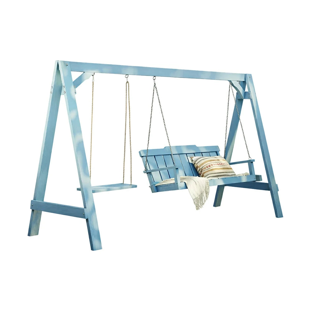 SOLARA Outdoor Swing Chair Heavy-Duty Load Support Solid Wood Frame Stainless Steel Hooks Patio Use - Blue