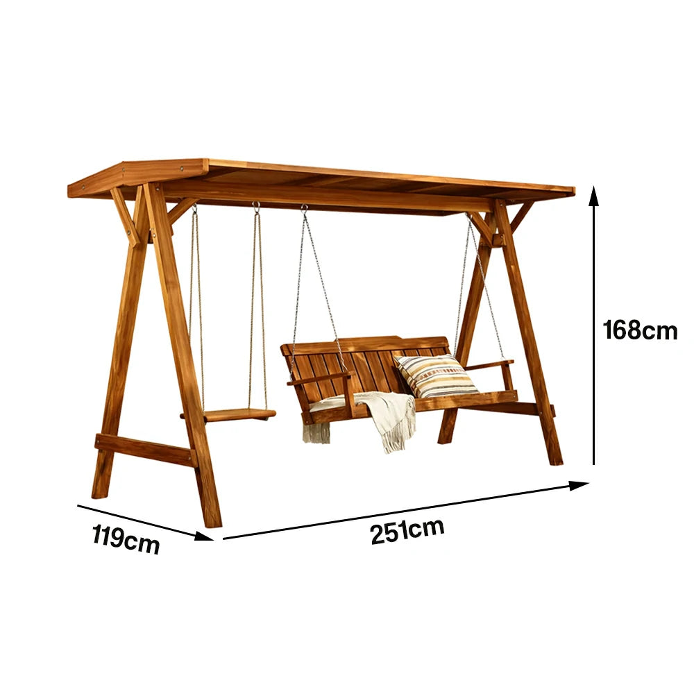 SOLARA Outdoor Swing Chair with Canopy Heavy-Duty Load Support Solid Wood Frame Stainless Steel Hooks - Brown