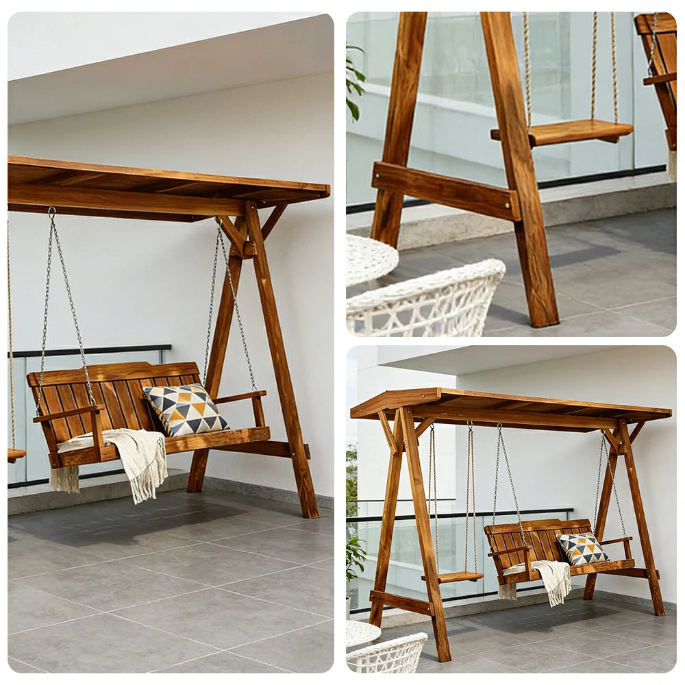 SOLARA Outdoor Swing Chair with Canopy Heavy-Duty Load Support Solid Wood Frame Stainless Steel Hooks - Brown