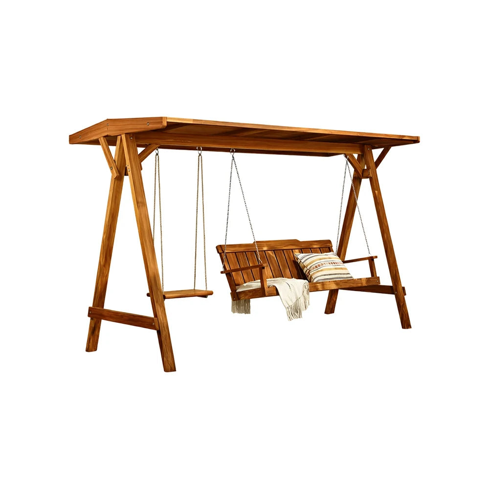 SOLARA Outdoor Swing Chair with Canopy Heavy-Duty Load Support Solid Wood Frame Stainless Steel Hooks - Brown