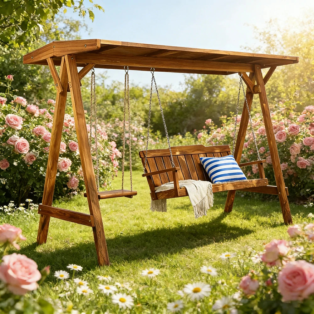 SOLARA Outdoor Swing Chair with Canopy Heavy-Duty Load Support Solid Wood Frame Stainless Steel Hooks - Brown
