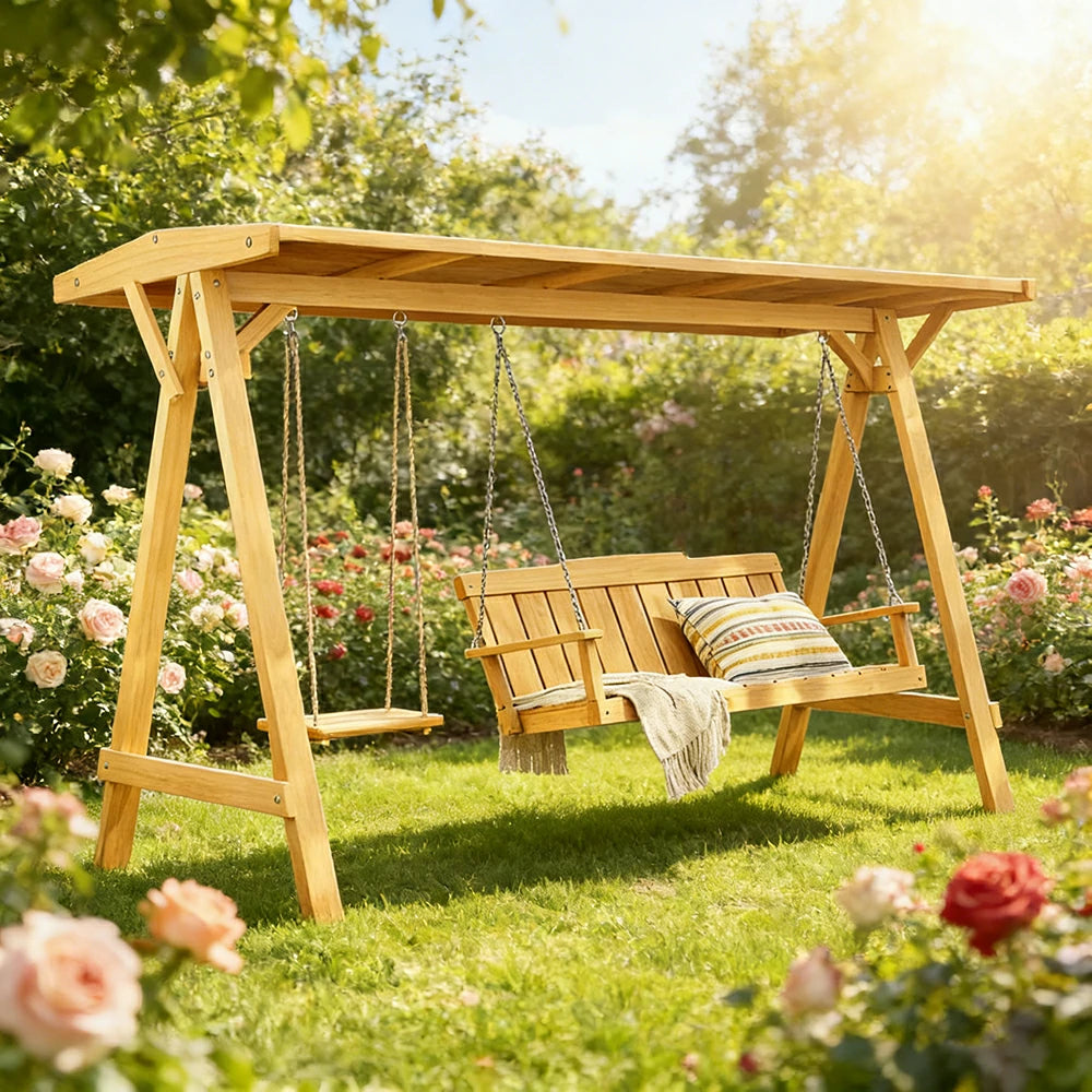 SOLARA Outdoor Swing Chair with Canopy Heavy-Duty Load Support Solid Wood Frame Stainless Steel Hooks - Yellow