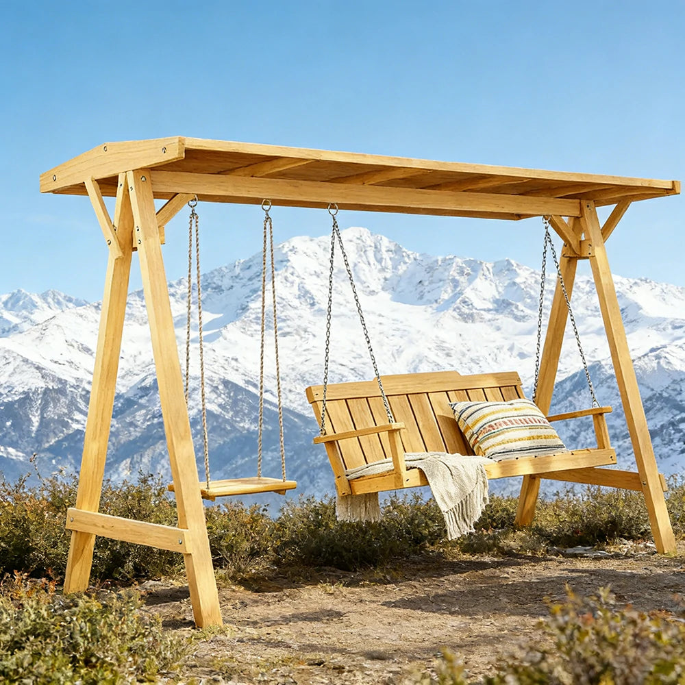 SOLARA Outdoor Swing Chair with Canopy Heavy-Duty Load Support Solid Wood Frame Stainless Steel Hooks - Yellow