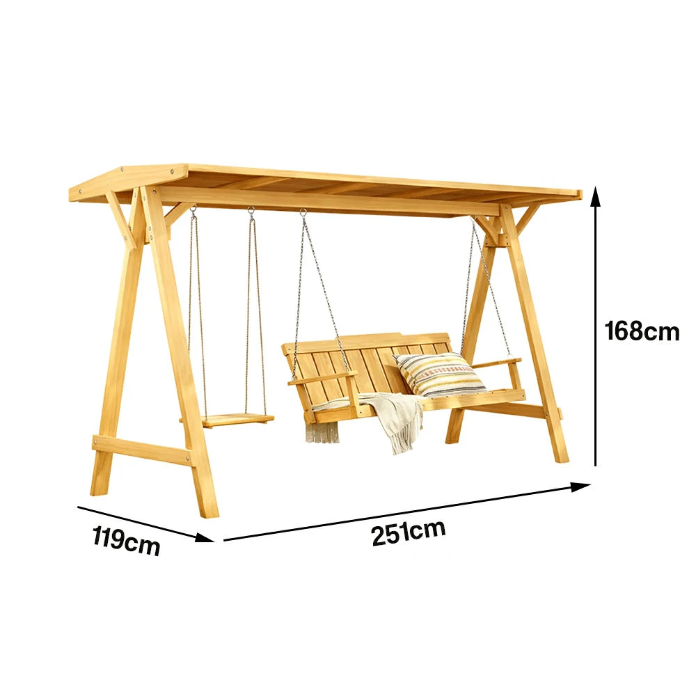 SOLARA Outdoor Swing Chair with Canopy Heavy-Duty Load Support Solid Wood Frame Stainless Steel Hooks - Yellow