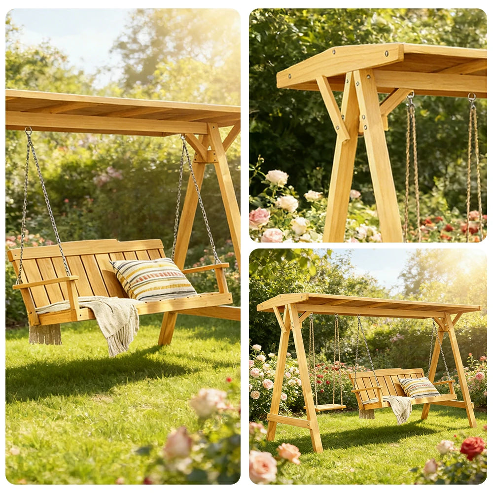 SOLARA Outdoor Swing Chair with Canopy Heavy-Duty Load Support Solid Wood Frame Stainless Steel Hooks - Yellow