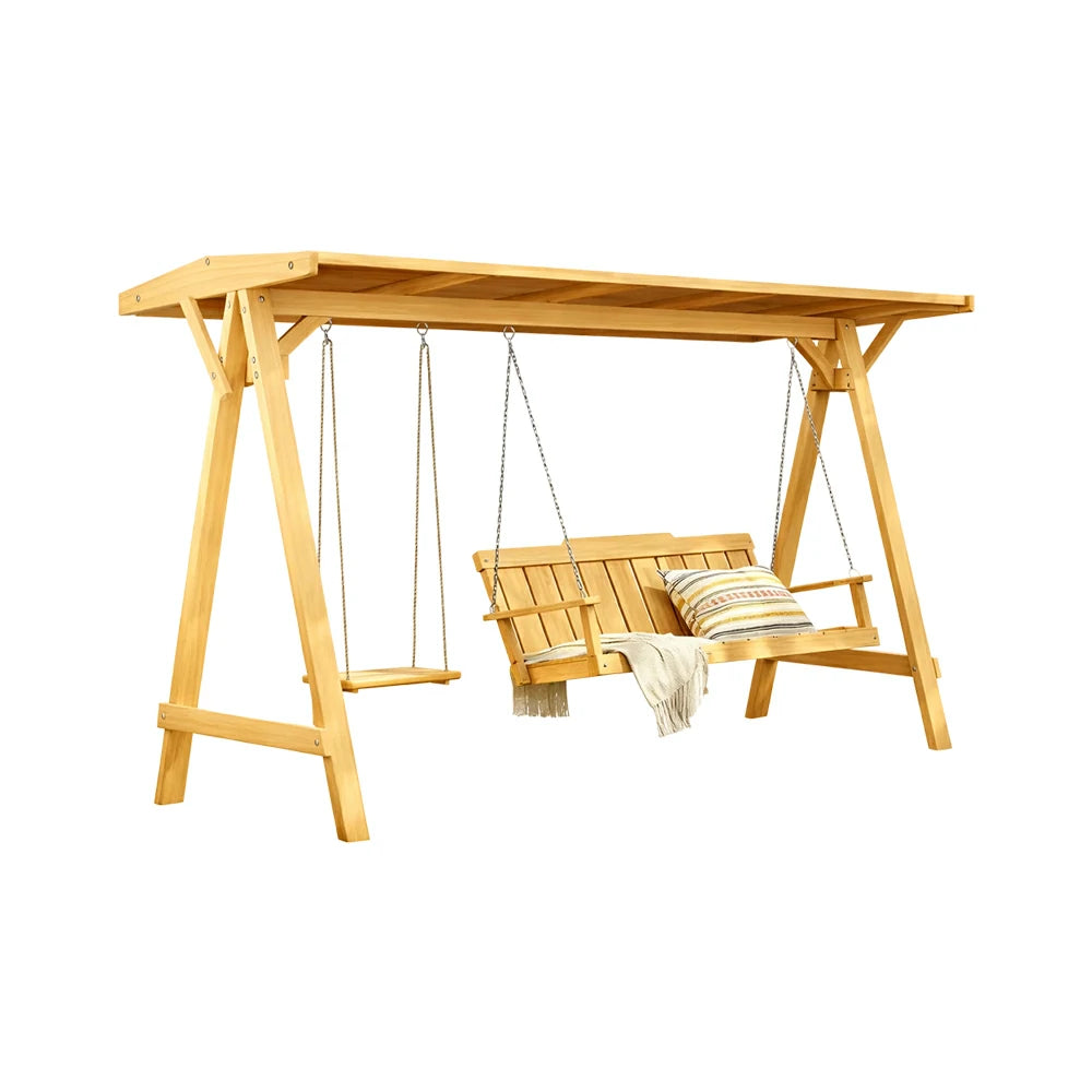 SOLARA Outdoor Swing Chair with Canopy Heavy-Duty Load Support Solid Wood Frame Stainless Steel Hooks - Yellow