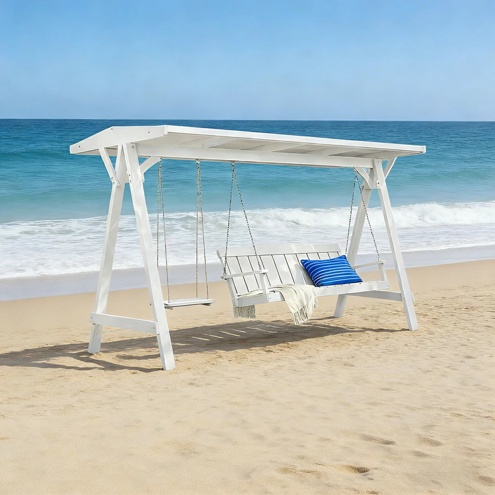SOLARA Outdoor Swing Chair with Canopy Heavy-Duty Load Support Solid Wood Frame Stainless Steel Hooks - White