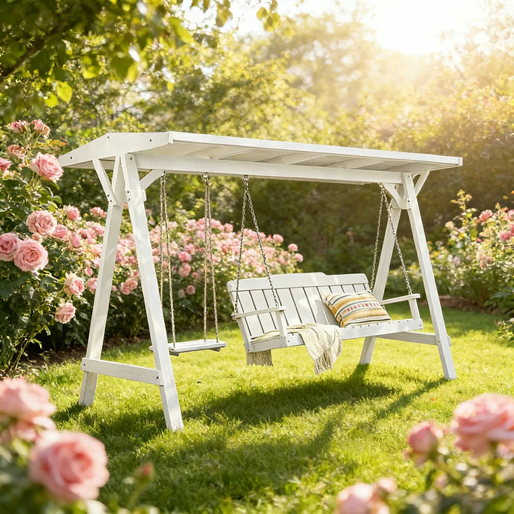 SOLARA Outdoor Swing Chair with Canopy Heavy-Duty Load Support Solid Wood Frame Stainless Steel Hooks - White