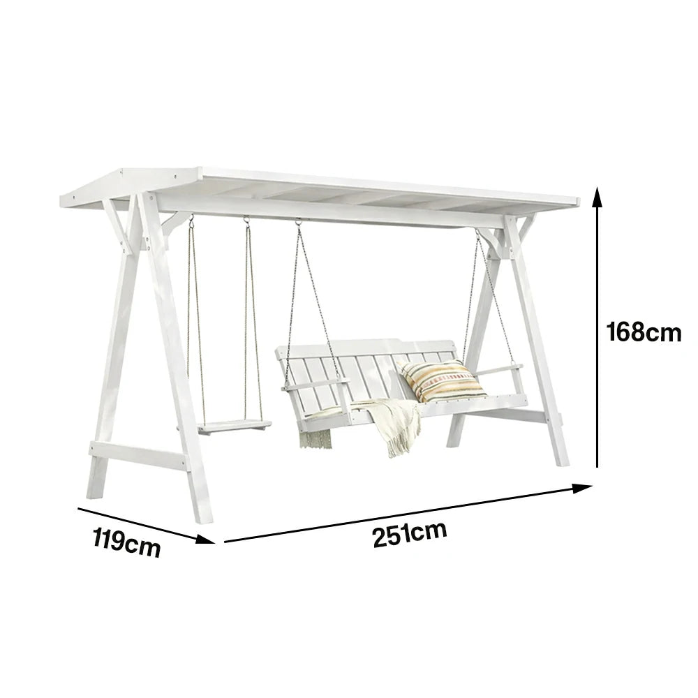 SOLARA Outdoor Swing Chair with Canopy Heavy-Duty Load Support Solid Wood Frame Stainless Steel Hooks - White