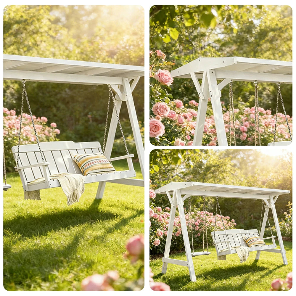 SOLARA Outdoor Swing Chair with Canopy Heavy-Duty Load Support Solid Wood Frame Stainless Steel Hooks - White
