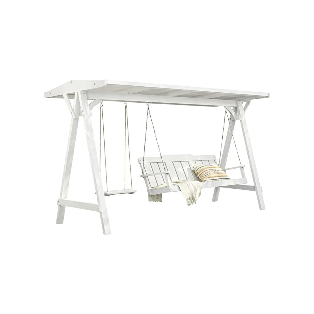 SOLARA Outdoor Swing Chair with Canopy Heavy-Duty Load Support Solid Wood Frame Stainless Steel Hooks - White