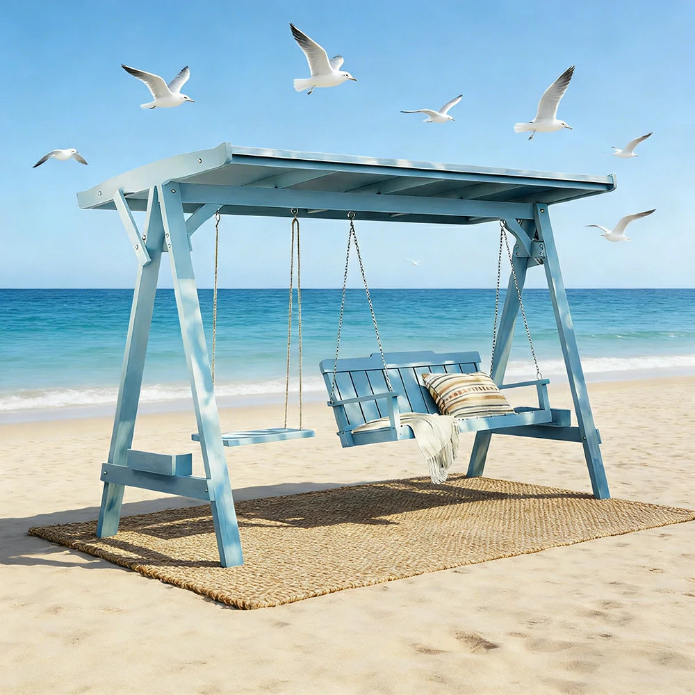 SOLARA Outdoor Swing Chair with Canopy Heavy-Duty Load Support Solid Wood Frame Stainless Steel Hooks - Blue