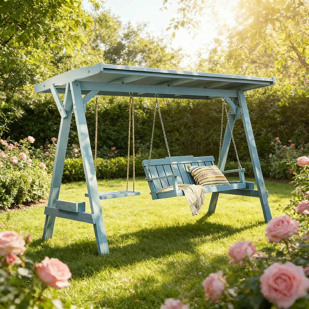 SOLARA Outdoor Swing Chair with Canopy Heavy-Duty Load Support Solid Wood Frame Stainless Steel Hooks - Blue