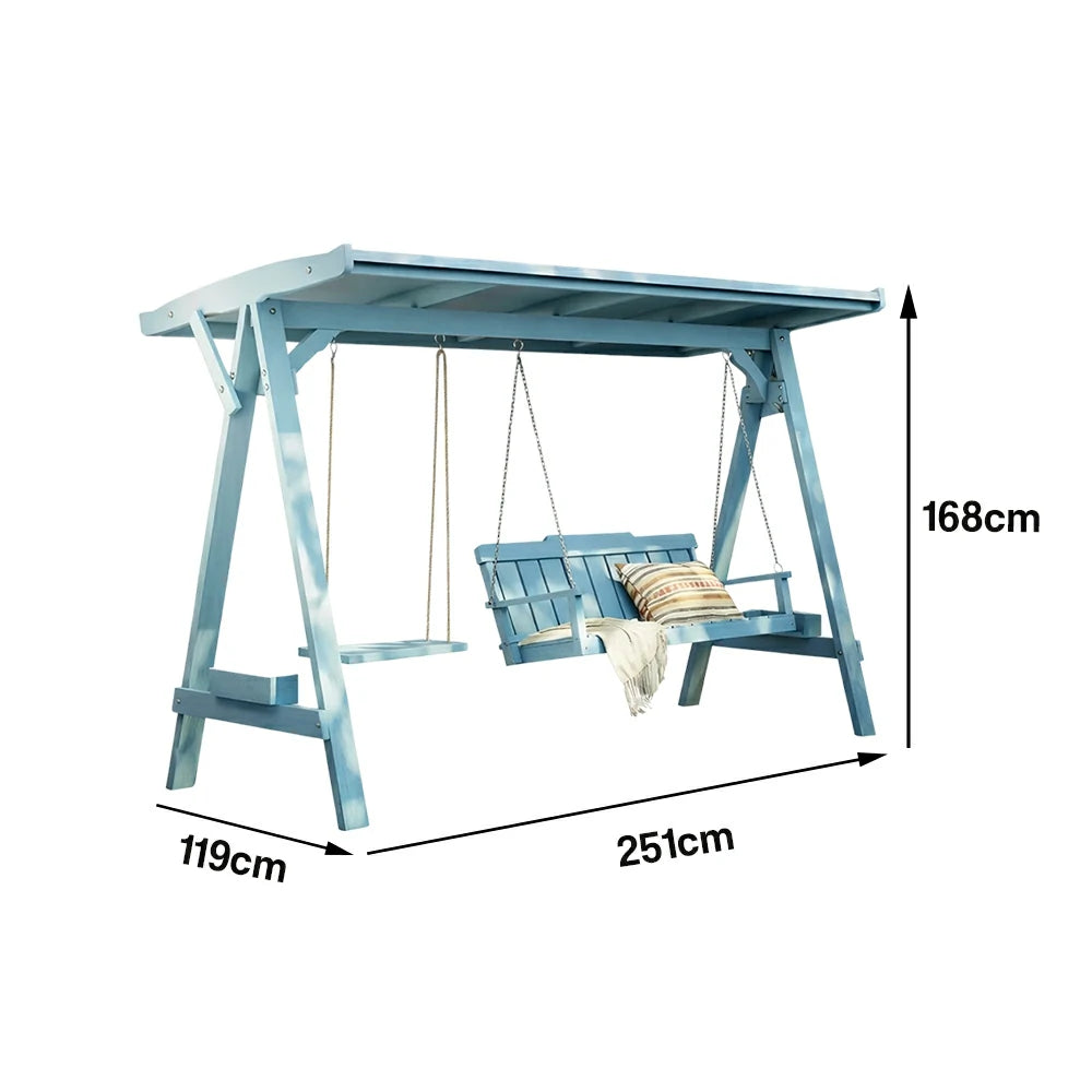 SOLARA Outdoor Swing Chair with Canopy Heavy-Duty Load Support Solid Wood Frame Stainless Steel Hooks - Blue