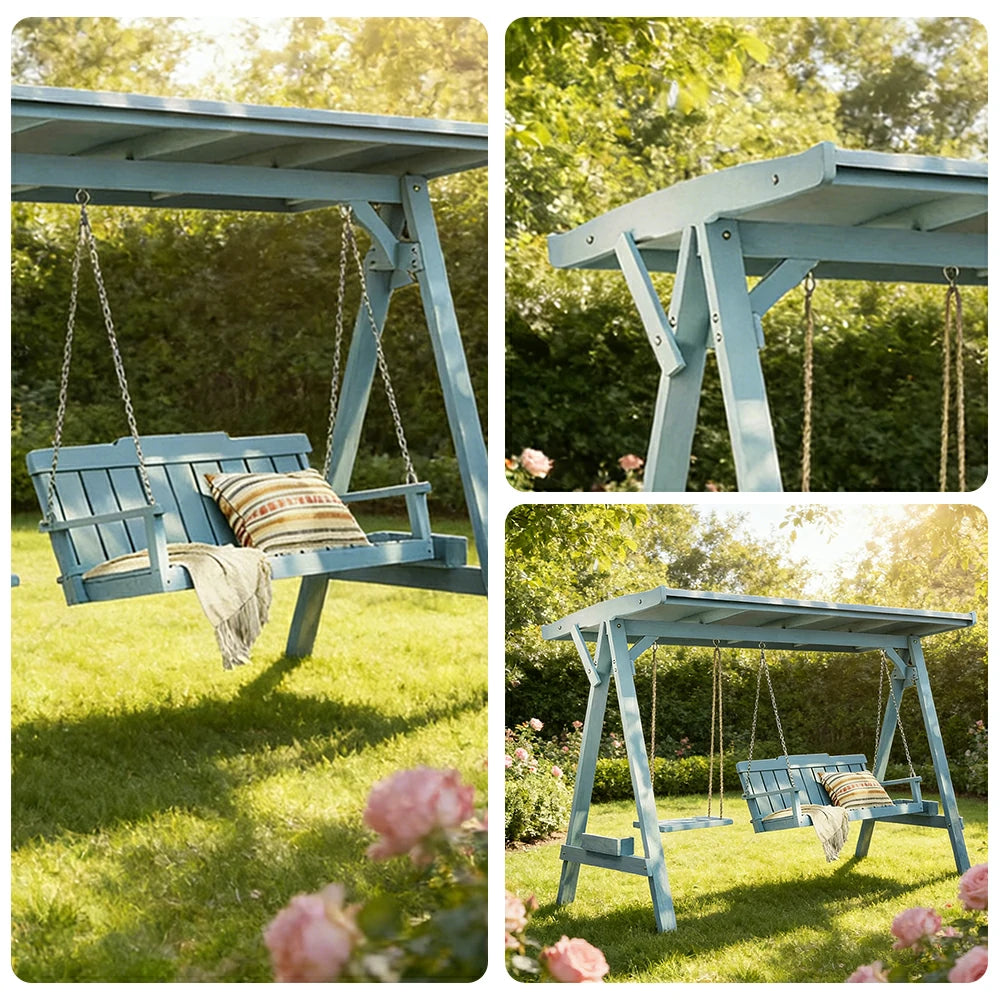 SOLARA Outdoor Swing Chair with Canopy Heavy-Duty Load Support Solid Wood Frame Stainless Steel Hooks - Blue