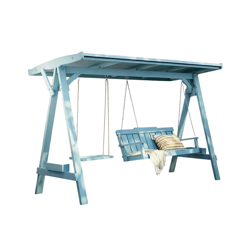 SOLARA Outdoor Swing Chair with Canopy Heavy-Duty Load Support Solid Wood Frame Stainless Steel Hooks - Blue