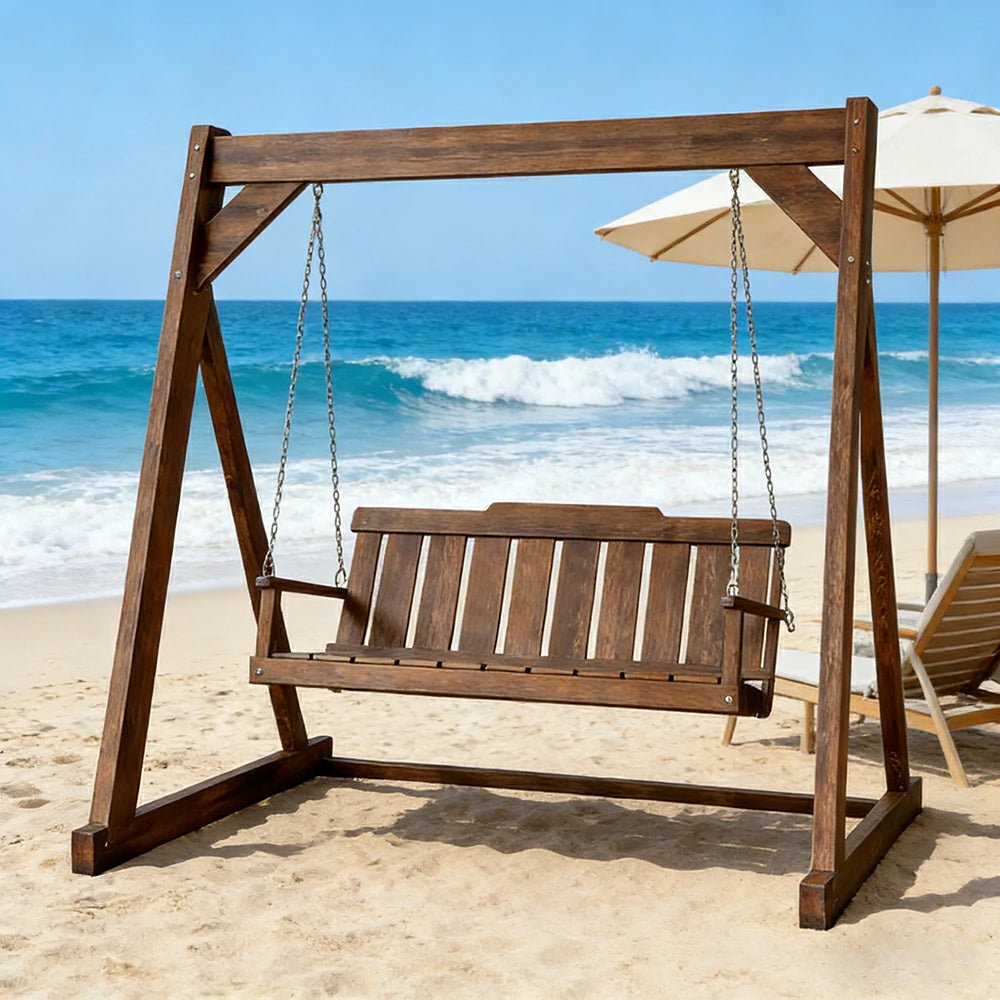 SOLARA Outdoor Swing Chair Reinforced Triangular Frame Solid Wood Structure Stainless Steel Chains - Walnut