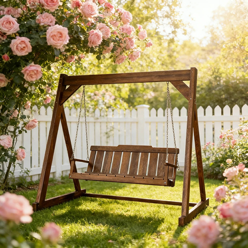 SOLARA Outdoor Swing Chair Reinforced Triangular Frame Solid Wood Structure Stainless Steel Chains - Walnut