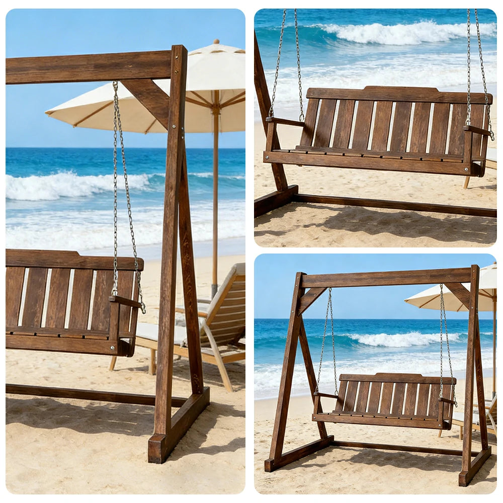 SOLARA Outdoor Swing Chair Reinforced Triangular Frame Solid Wood Structure Stainless Steel Chains - Walnut