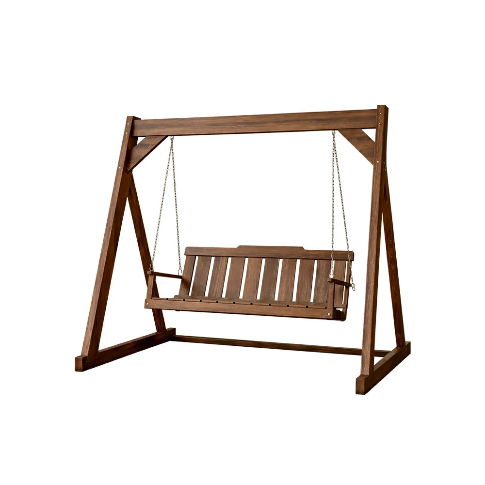 SOLARA Outdoor Swing Chair Reinforced Triangular Frame Solid Wood Structure Stainless Steel Chains - Walnut