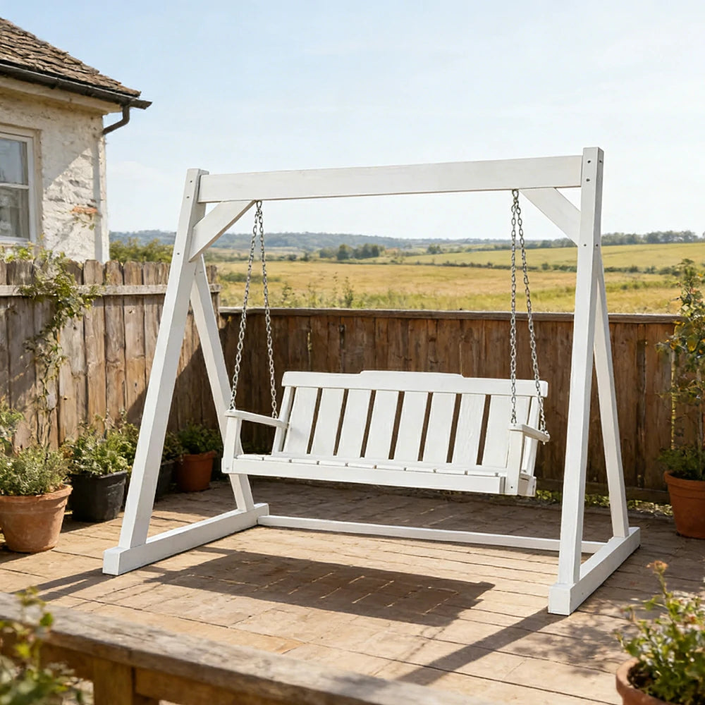 SOLARA Outdoor Swing Chair Reinforced Triangular Frame Solid Wood Structure Stainless Steel Chains - White