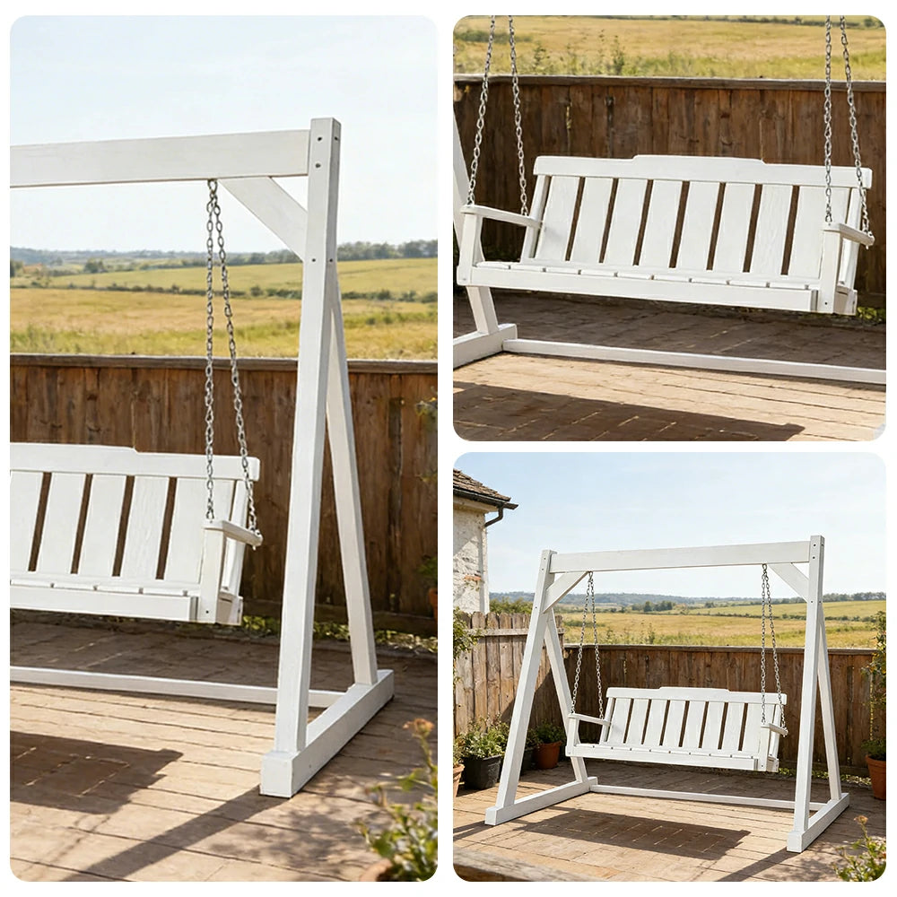 SOLARA Outdoor Swing Chair Reinforced Triangular Frame Solid Wood Structure Stainless Steel Chains - White