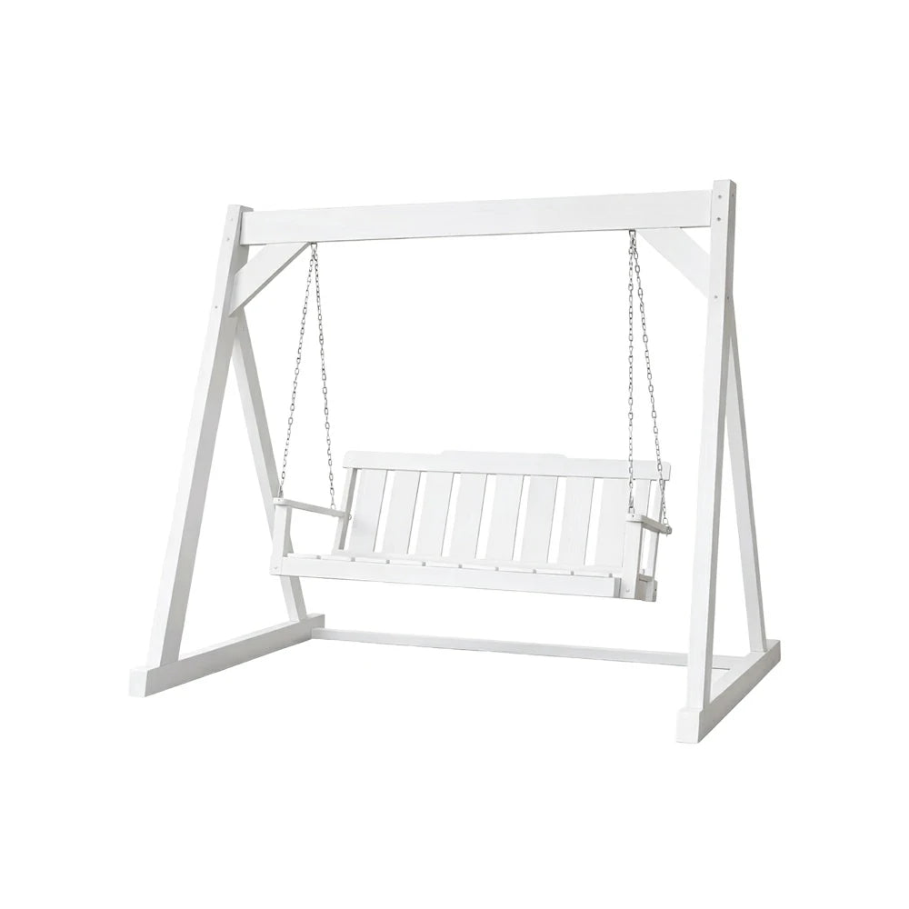 SOLARA Outdoor Swing Chair Reinforced Triangular Frame Solid Wood Structure Stainless Steel Chains - White