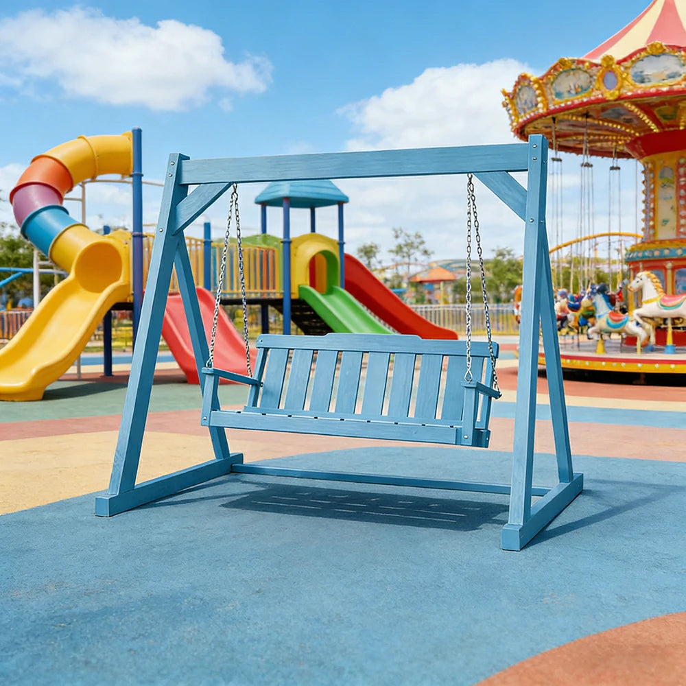 SOLARA Outdoor Swing Chair Reinforced Triangular Frame Solid Wood Structure Stainless Steel Chains - Blue