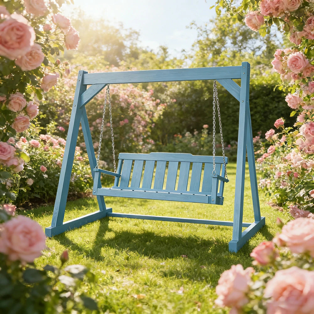 SOLARA Outdoor Swing Chair Reinforced Triangular Frame Solid Wood Structure Stainless Steel Chains - Blue