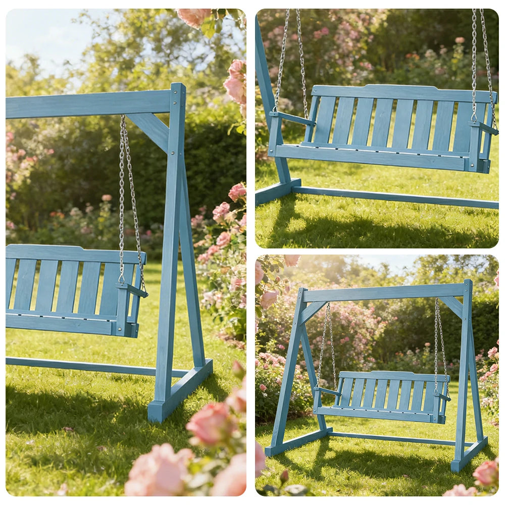 SOLARA Outdoor Swing Chair Reinforced Triangular Frame Solid Wood Structure Stainless Steel Chains - Blue