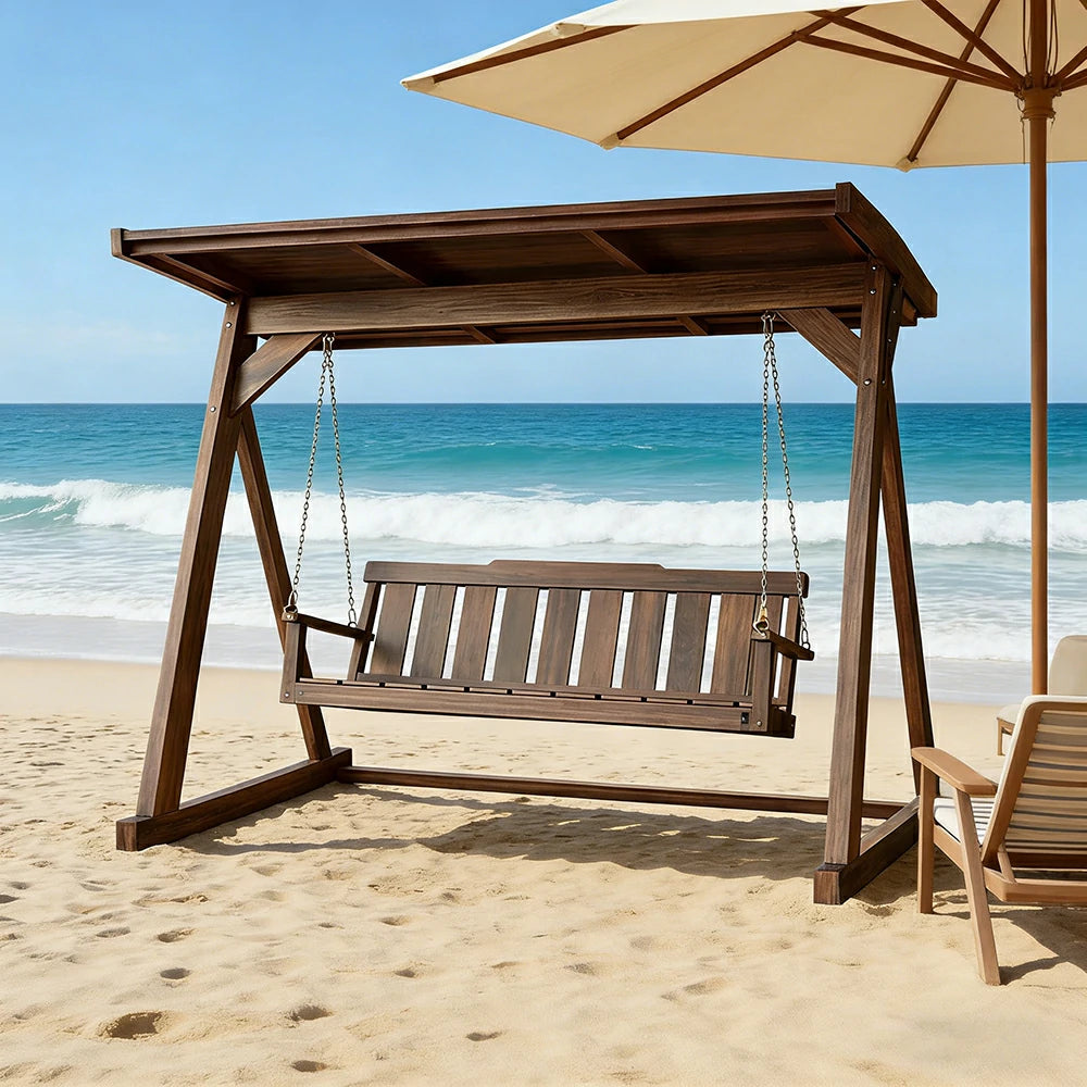 SOLARA Outdoor Swing Chair with Canopy Reinforced Triangular Frame Solid Wood Structure Stainless Steel Chains - Walnut