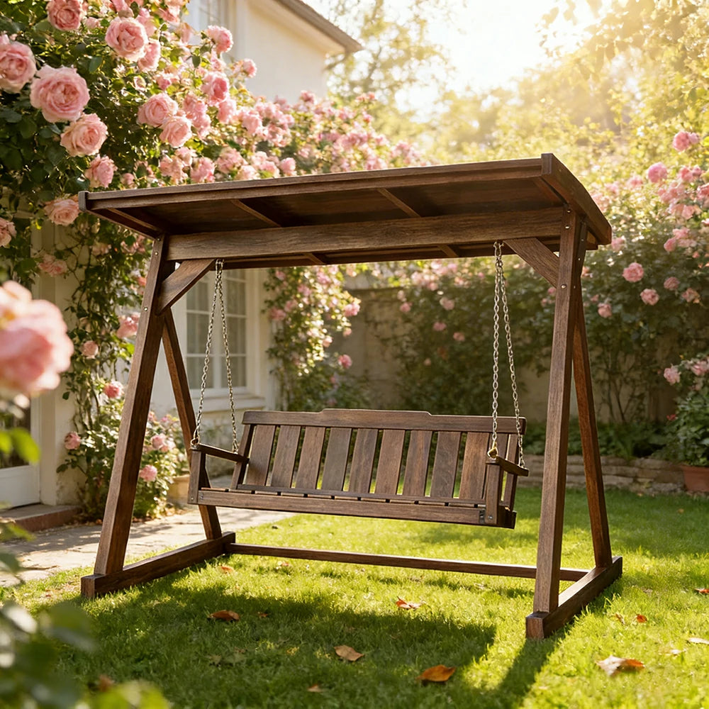 SOLARA Outdoor Swing Chair with Canopy Reinforced Triangular Frame Solid Wood Structure Stainless Steel Chains - Walnut