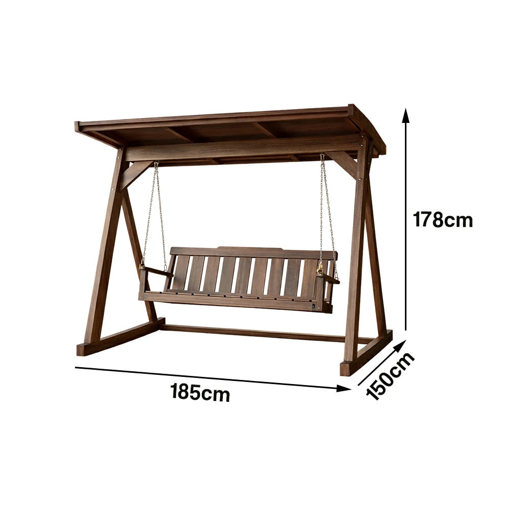SOLARA Outdoor Swing Chair with Canopy Reinforced Triangular Frame Solid Wood Structure Stainless Steel Chains - Walnut