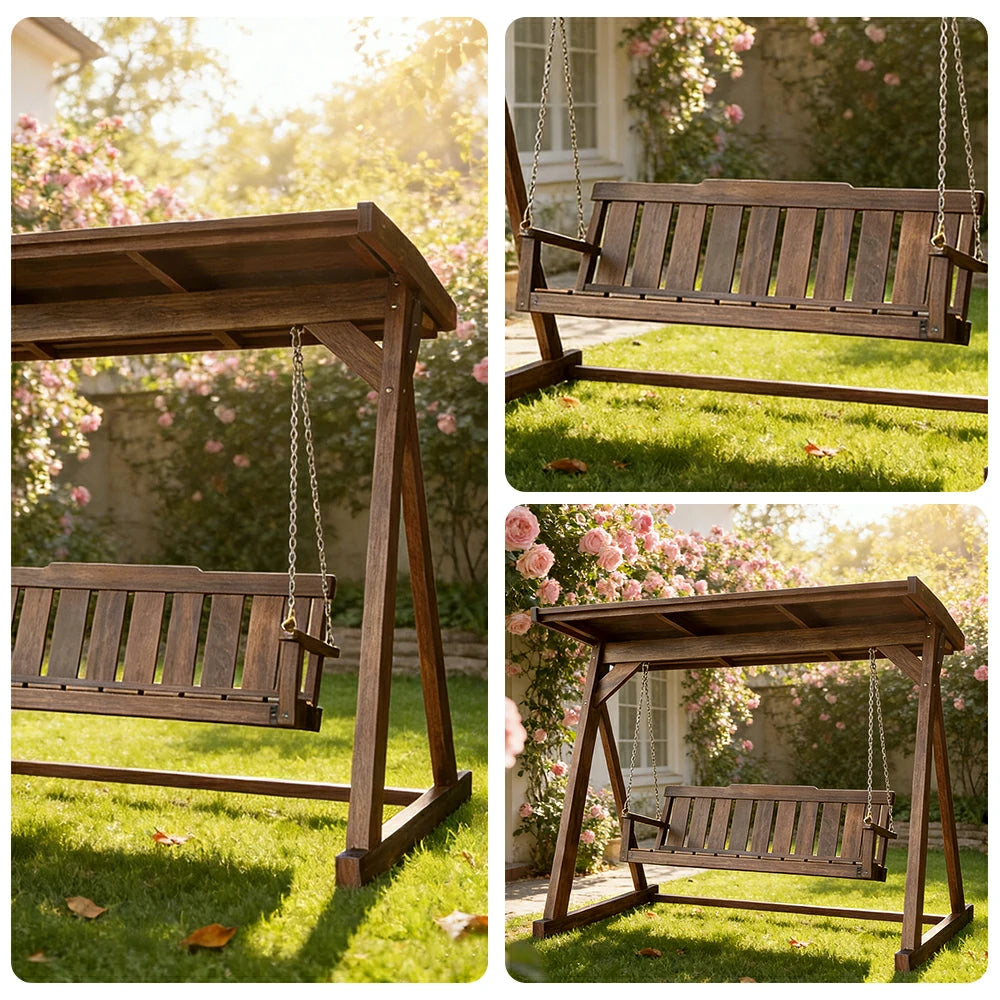 SOLARA Outdoor Swing Chair with Canopy Reinforced Triangular Frame Solid Wood Structure Stainless Steel Chains - Walnut