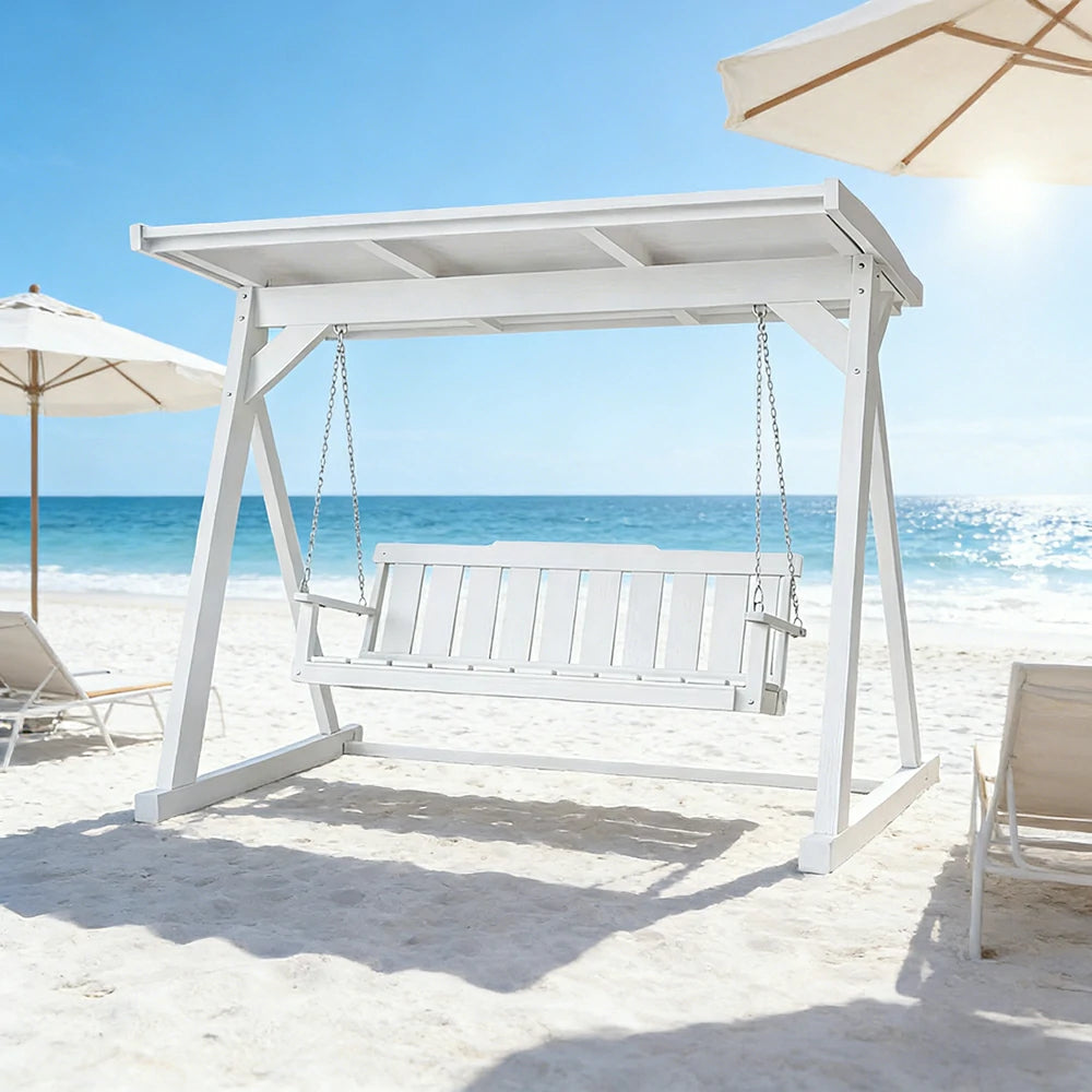 SOLARA Outdoor Swing Chair with Canopy Reinforced Triangular Frame Solid Wood Structure Stainless Steel Chains - White