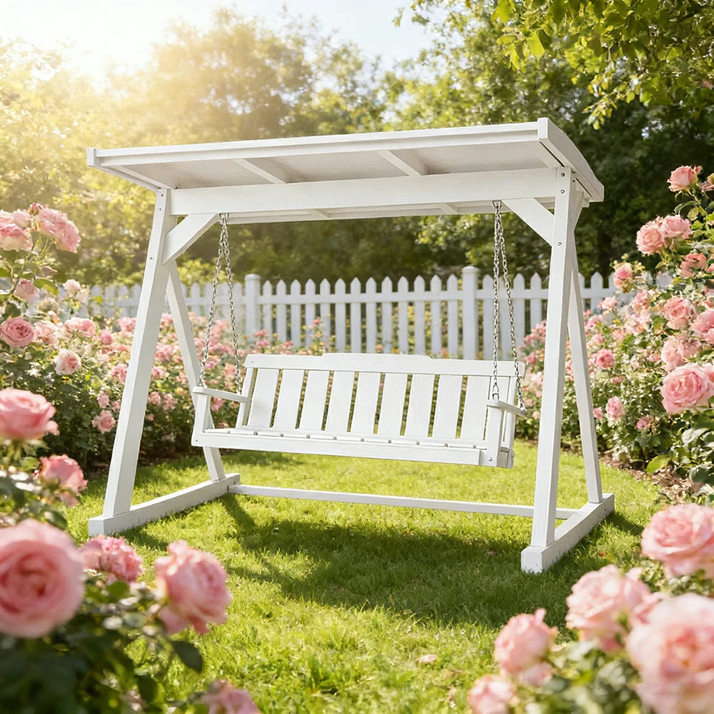 SOLARA Outdoor Swing Chair with Canopy Reinforced Triangular Frame Solid Wood Structure Stainless Steel Chains - White