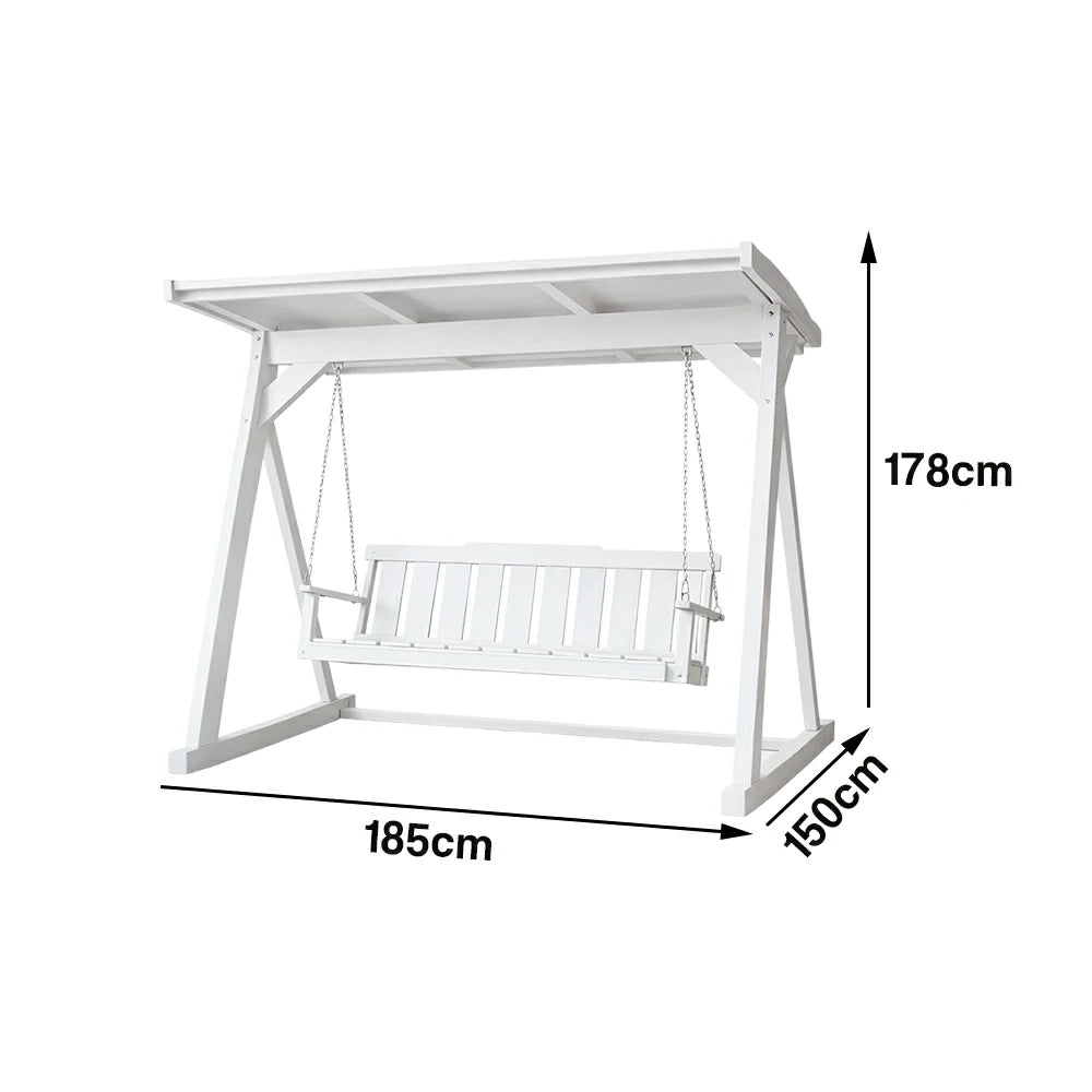 SOLARA Outdoor Swing Chair with Canopy Reinforced Triangular Frame Solid Wood Structure Stainless Steel Chains - White