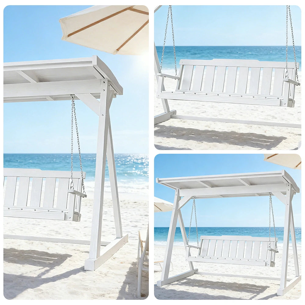 SOLARA Outdoor Swing Chair with Canopy Reinforced Triangular Frame Solid Wood Structure Stainless Steel Chains - White