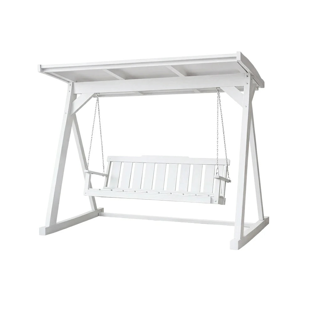 SOLARA Outdoor Swing Chair with Canopy Reinforced Triangular Frame Solid Wood Structure Stainless Steel Chains - White