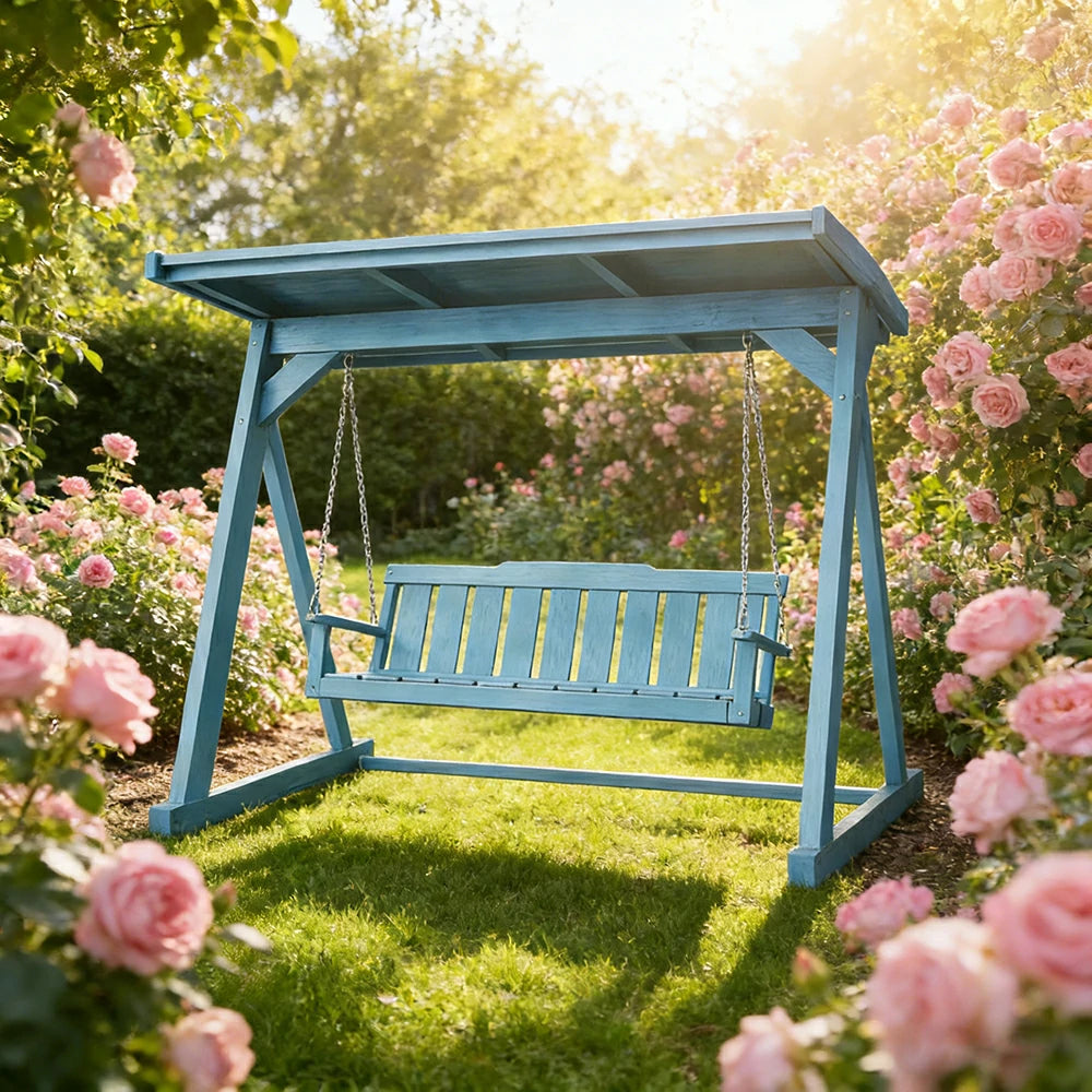 SOLARA Outdoor Swing Chair with Canopy Reinforced Triangular Frame Solid Wood Structure Stainless Steel Chains - Blue