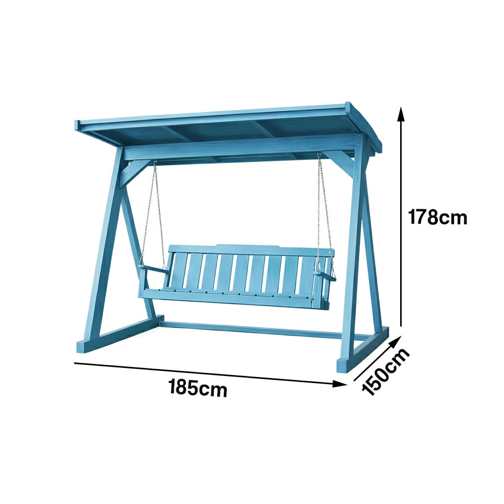 SOLARA Outdoor Swing Chair with Canopy Reinforced Triangular Frame Solid Wood Structure Stainless Steel Chains - Blue