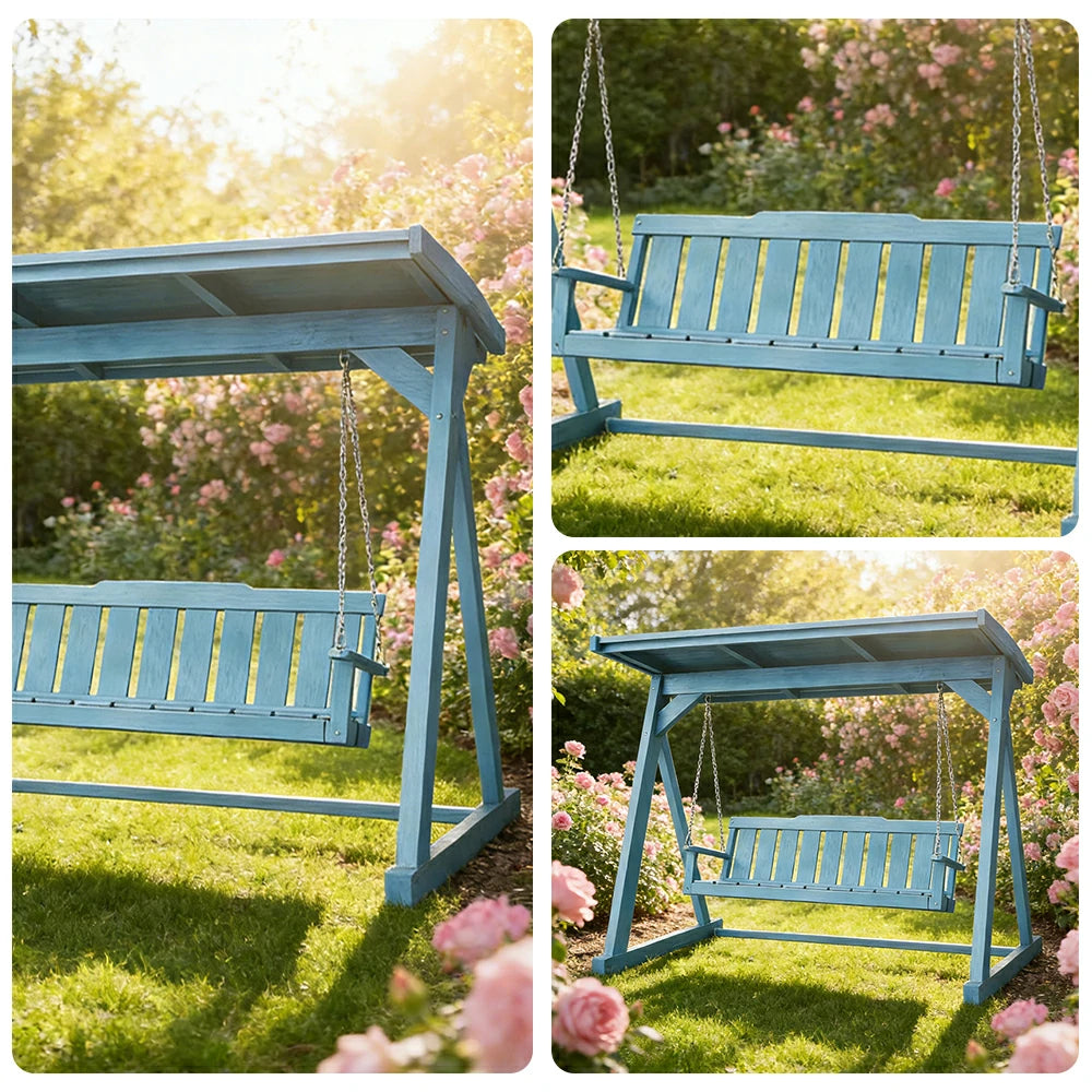 SOLARA Outdoor Swing Chair with Canopy Reinforced Triangular Frame Solid Wood Structure Stainless Steel Chains - Blue