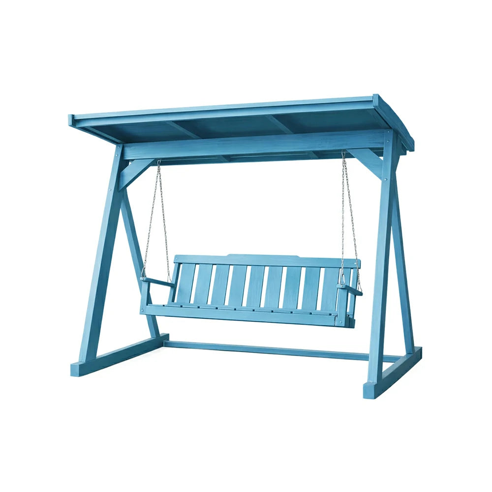 SOLARA Outdoor Swing Chair with Canopy Reinforced Triangular Frame Solid Wood Structure Stainless Steel Chains - Blue