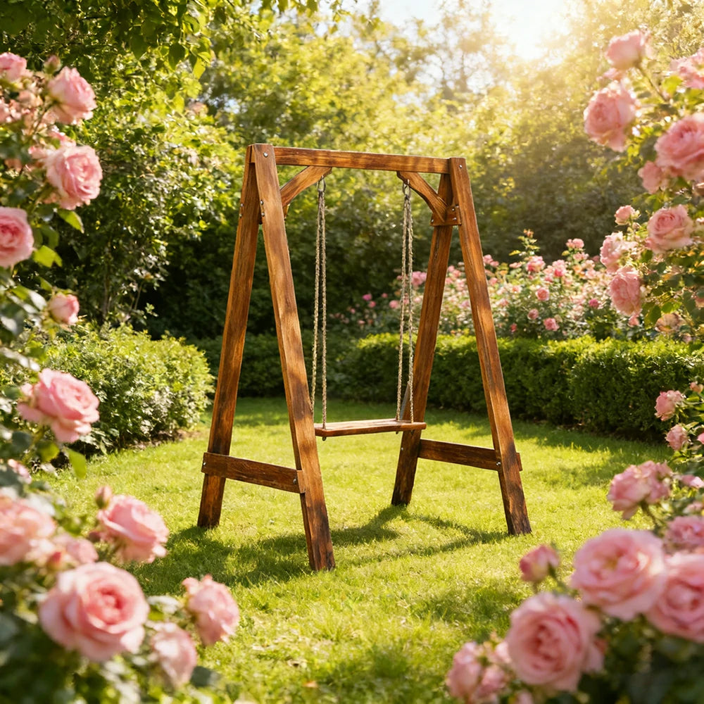 SOLARA 125/212/263cm Outdoor Swing Set Triangular Frame Solid Pine Wood ACQ Treated Heavy-Duty Rope Support - Brown