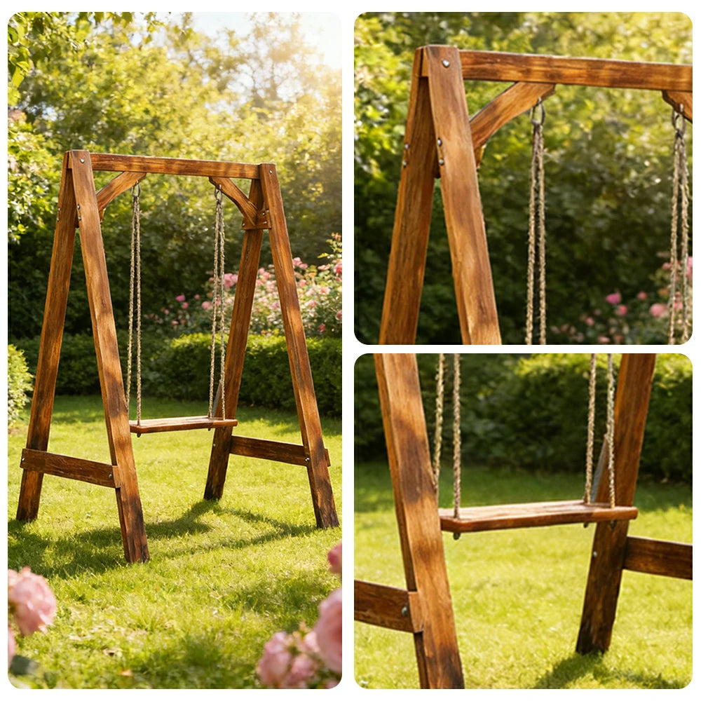 SOLARA 125/212/263cm Outdoor Swing Set Triangular Frame Solid Pine Wood ACQ Treated Heavy-Duty Rope Support - Brown